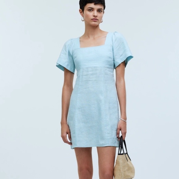 Madewell Square-Neck Mini Dress in 100% Linen blue heron - Picture 1 of 7